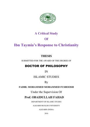 A Critical Study Of Ibn Taymia’s Response to Christianity